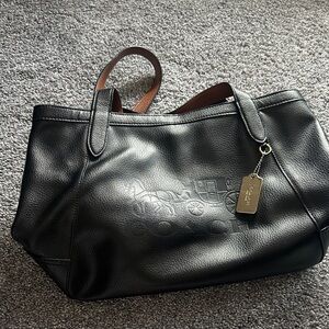 Coach Black Leather Tote with Brown Accents